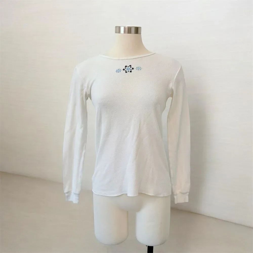 Cherokee VTG Y2K White Floral Washed Thermal Top Small